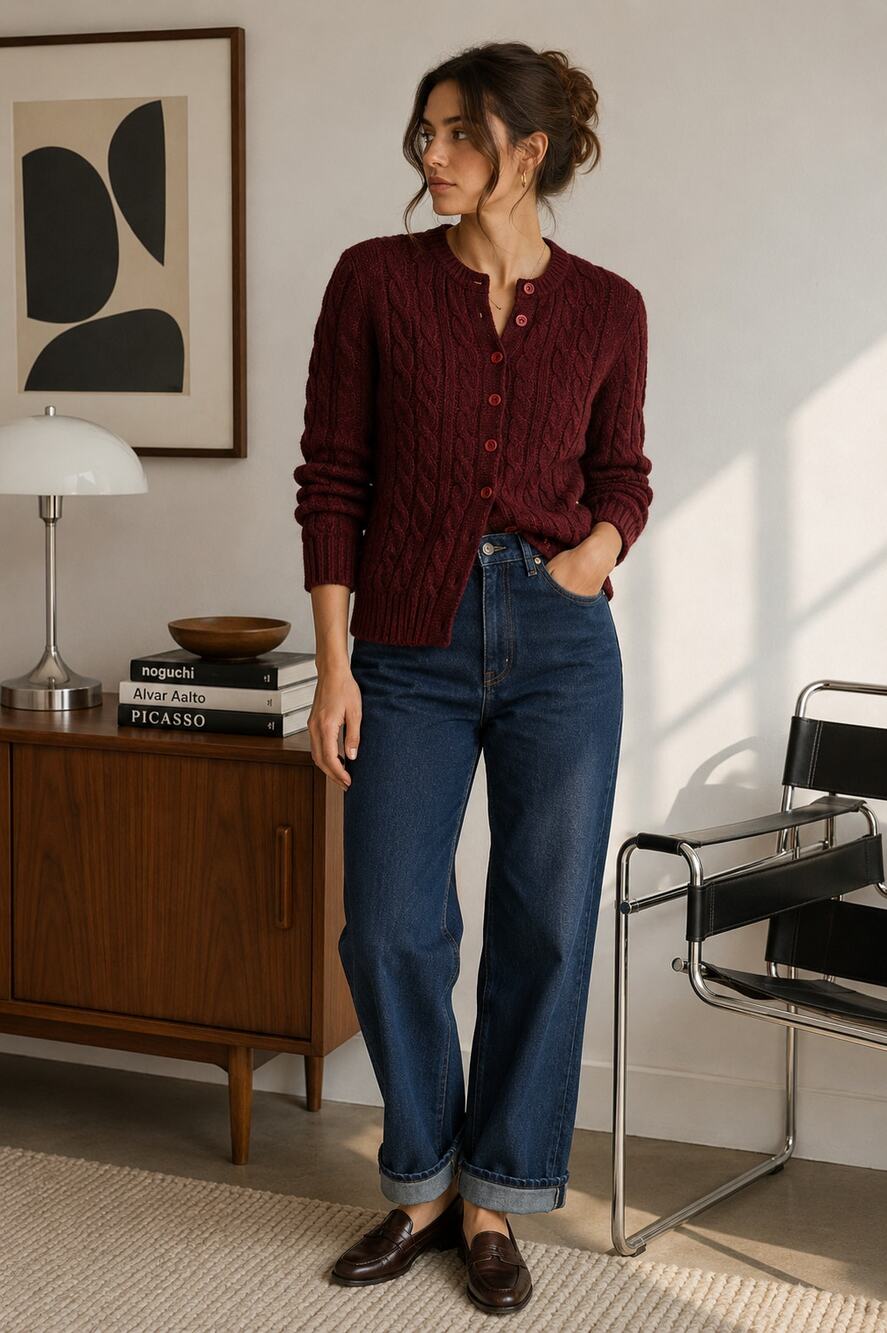 Vintage Susan Bristol Shetland Wool Cable Knit Cardigan Burgundy Medium ✨